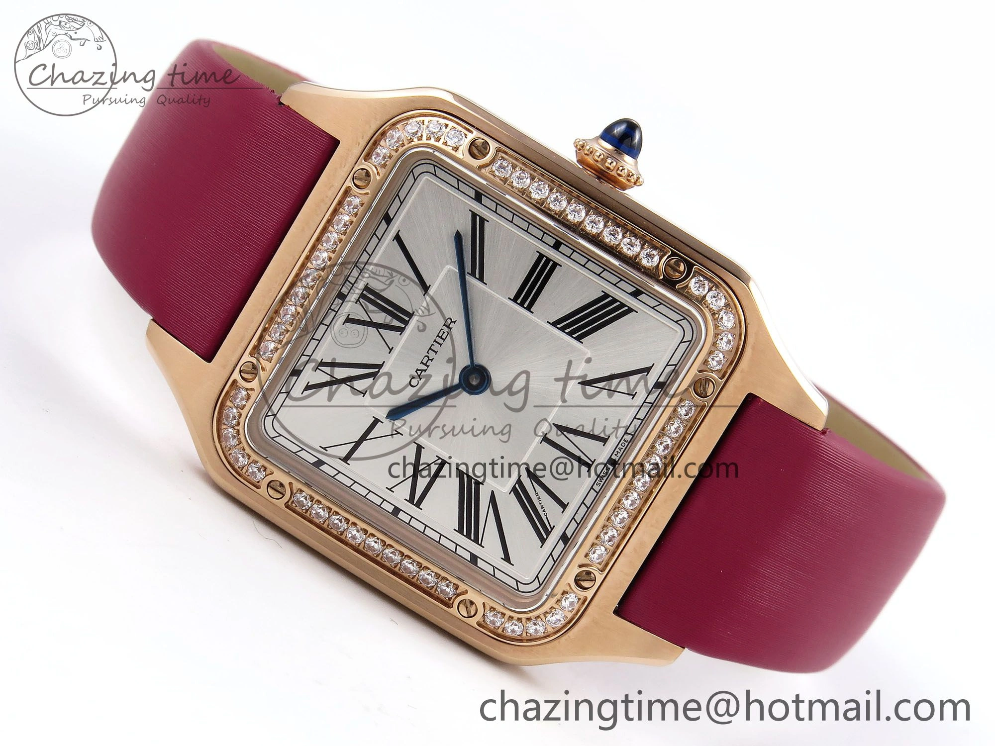 Santos Dumont 31.4mm RG AF 1:1 Best Edition Silver Dial Diamonds Bezel on Red Fabric Strap A157
