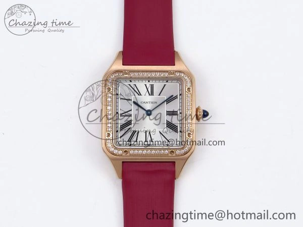 Santos Dumont 31.4mm RG AF 1:1 Best Edition Silver Dial Diamonds Bezel on Red Fabric Strap A157