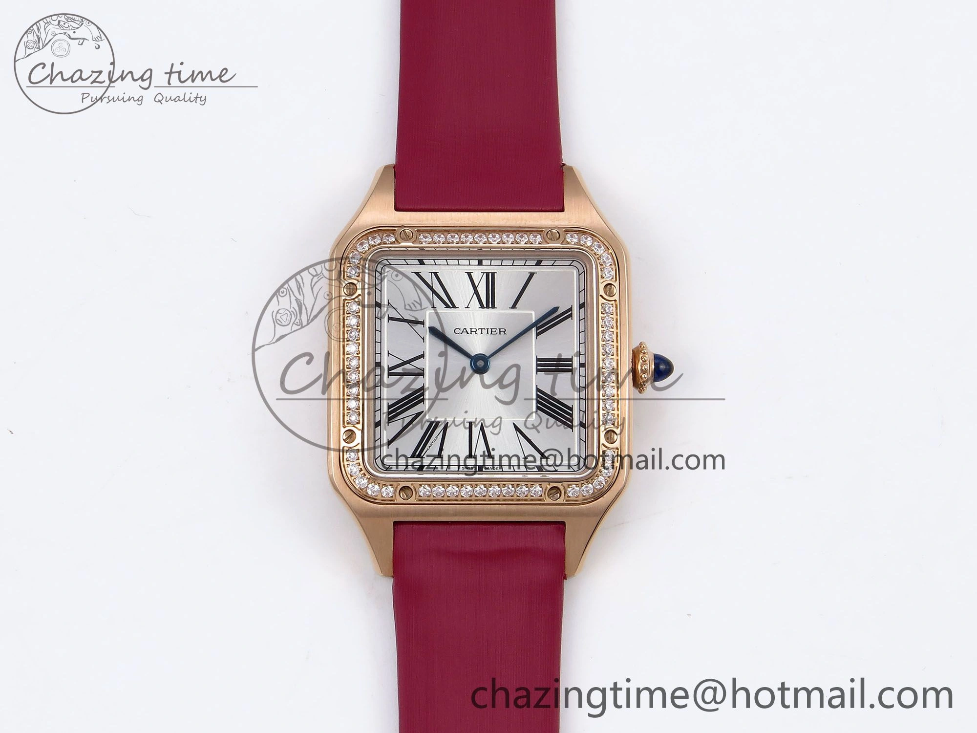 Santos Dumont 31.4mm RG AF 1:1 Best Edition Silver Dial Diamonds Bezel on Red Fabric Strap A157