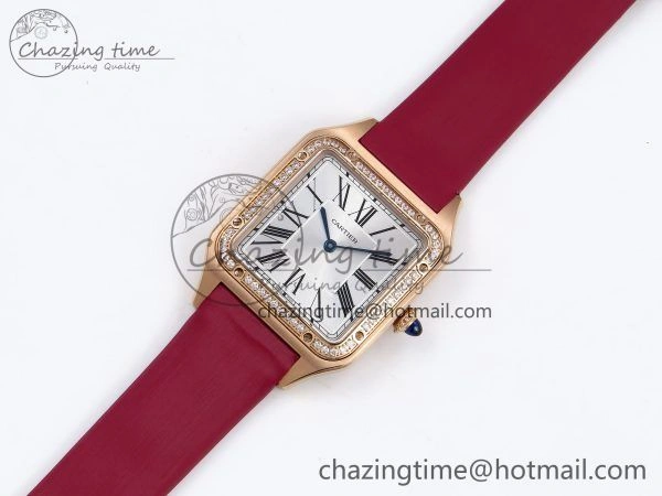 Santos Dumont 31.4mm RG AF 1:1 Best Edition Silver Dial Diamonds Bezel on Red Fabric Strap A157
