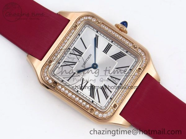Santos Dumont 31.4mm RG AF 1:1 Best Edition Silver Dial Diamonds Bezel on Red Fabric Strap A157