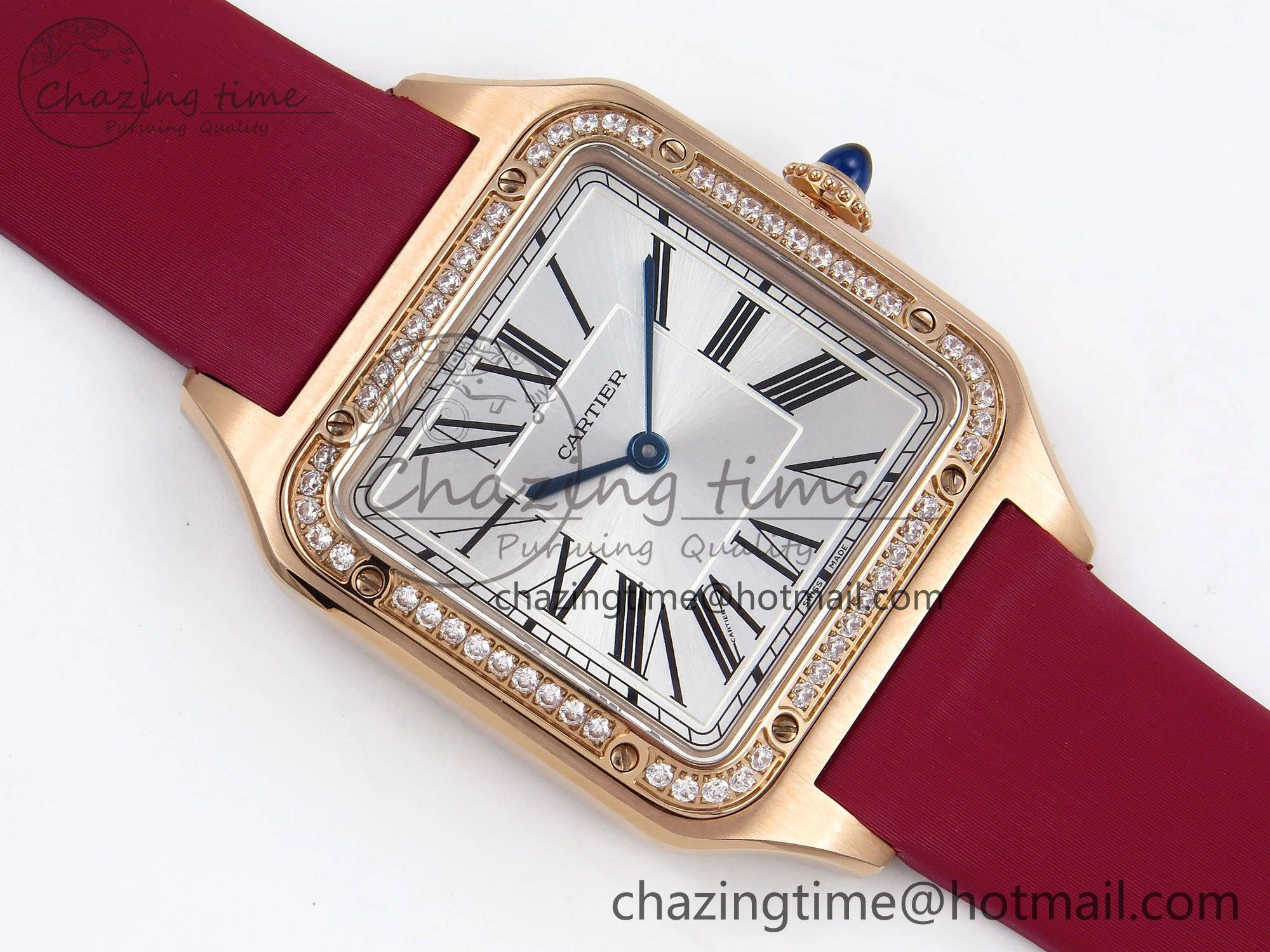 Santos Dumont 31.4mm RG AF 1:1 Best Edition Silver Dial Diamonds Bezel on Red Fabric Strap A157