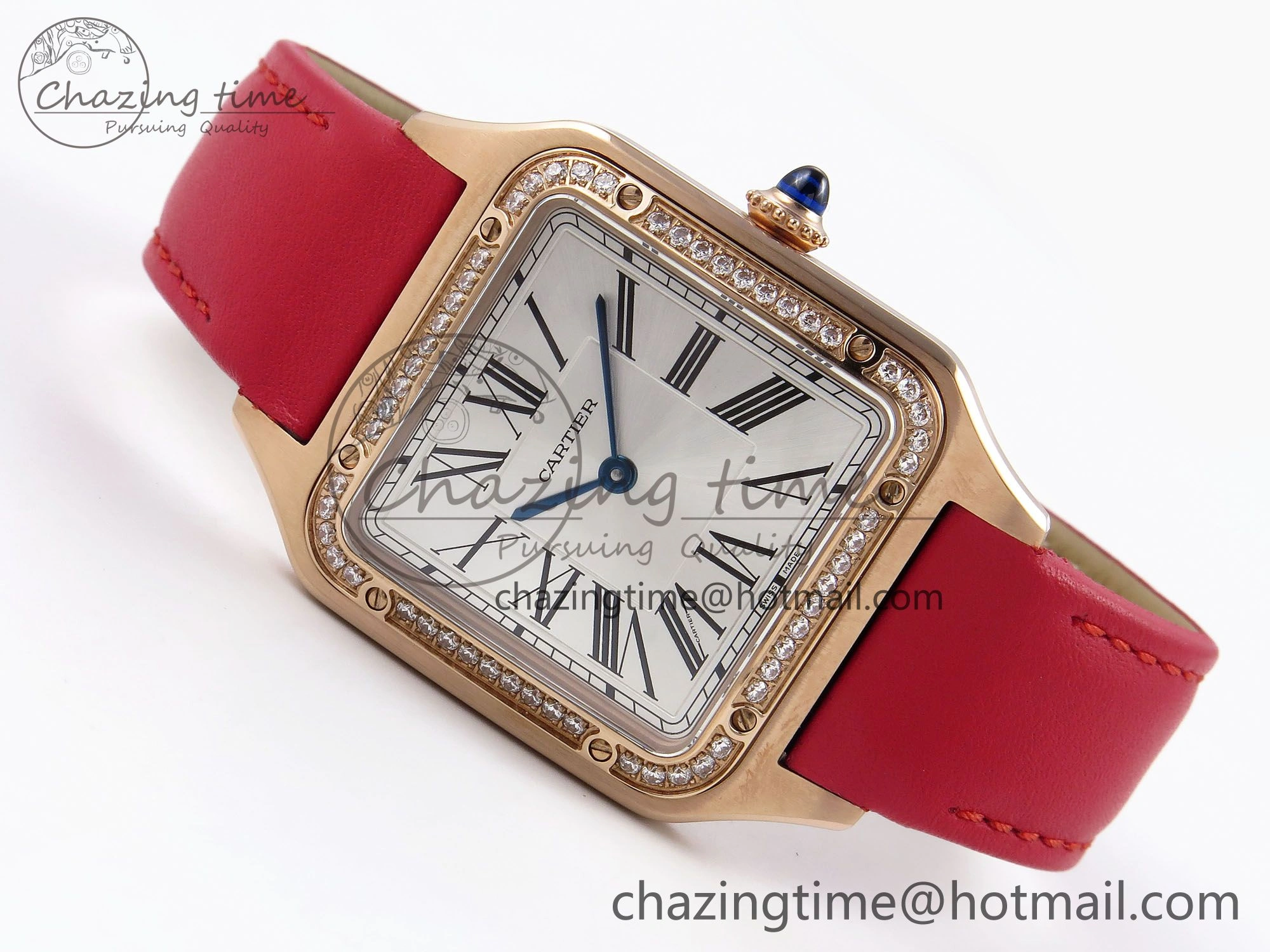 Santos Dumont 31.4mm RG AF 1:1 Best Edition Silver Dial Diamonds Bezel on Red Leather Strap A157