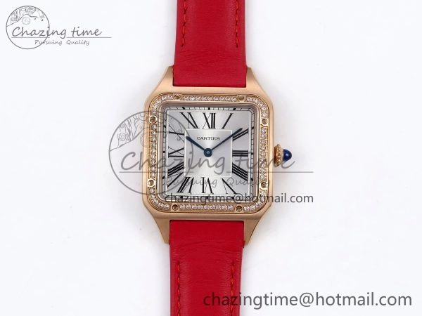 Santos Dumont 31.4mm RG AF 1:1 Best Edition Silver Dial Diamonds Bezel on Red Leather Strap A157