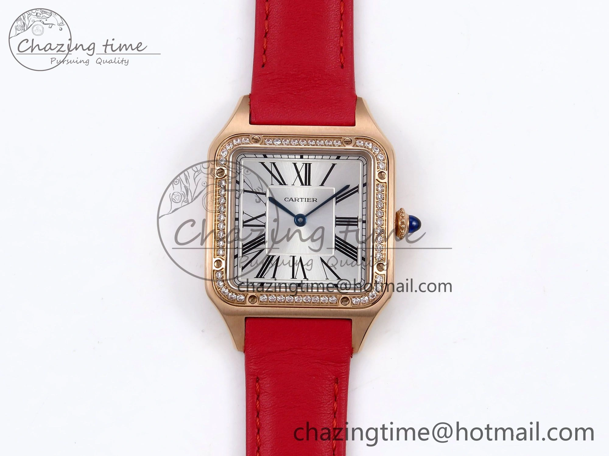 Santos Dumont 31.4mm RG AF 1:1 Best Edition Silver Dial Diamonds Bezel on Red Leather Strap A157