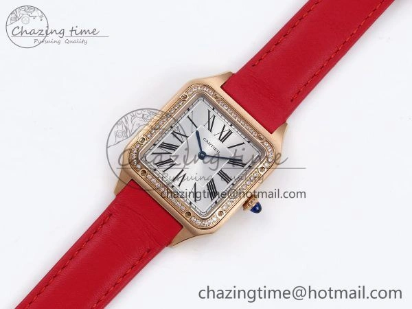 Santos Dumont 31.4mm RG AF 1:1 Best Edition Silver Dial Diamonds Bezel on Red Leather Strap A157