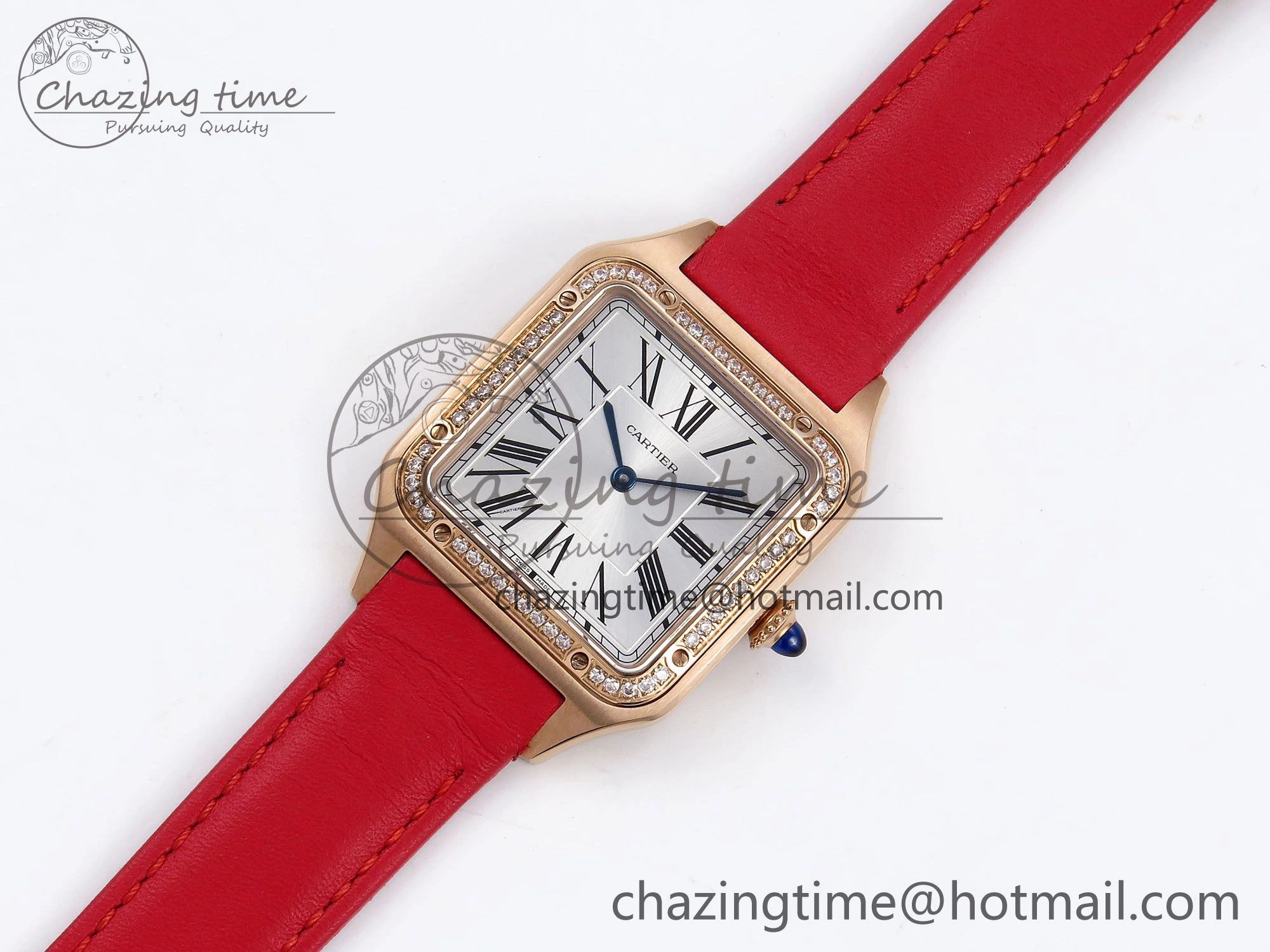 Santos Dumont 31.4mm RG AF 1:1 Best Edition Silver Dial Diamonds Bezel on Red Leather Strap A157