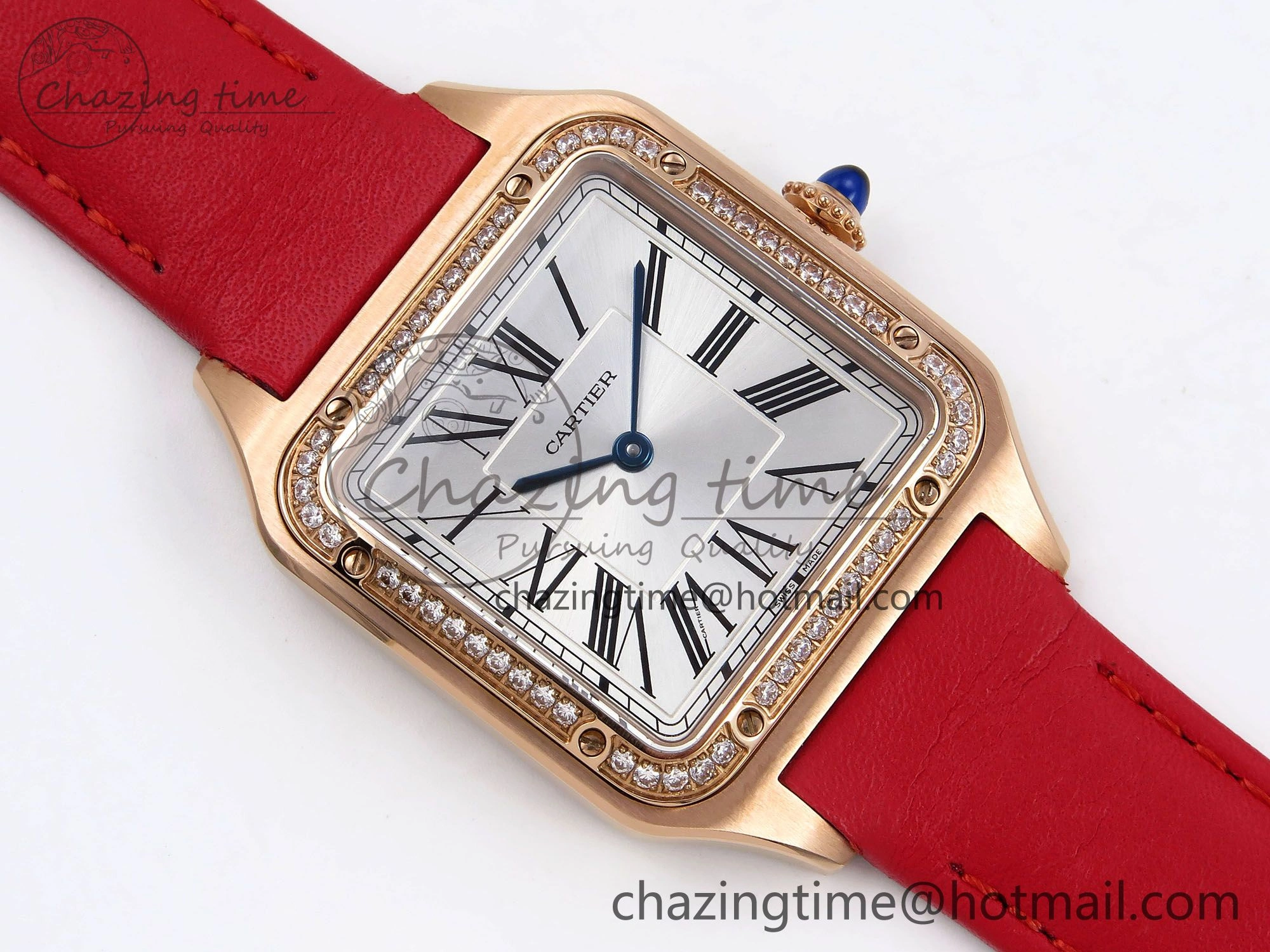 Santos Dumont 31.4mm RG AF 1:1 Best Edition Silver Dial Diamonds Bezel on Red Leather Strap A157