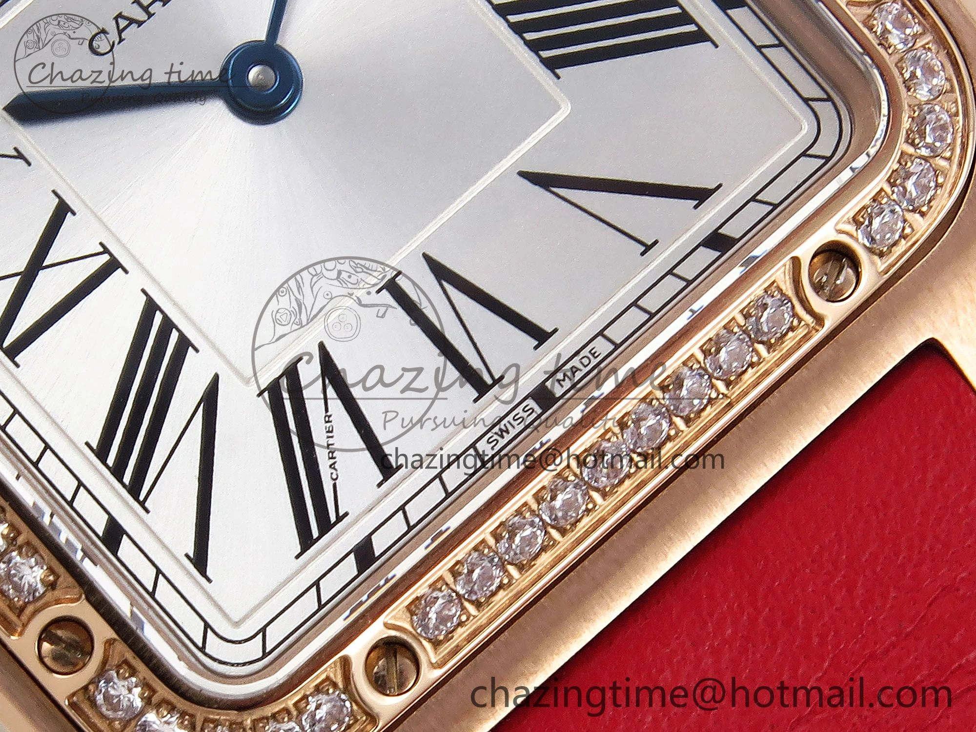 Santos Dumont 31.4mm RG AF 1:1 Best Edition Silver Dial Diamonds Bezel on Red Leather Strap A157