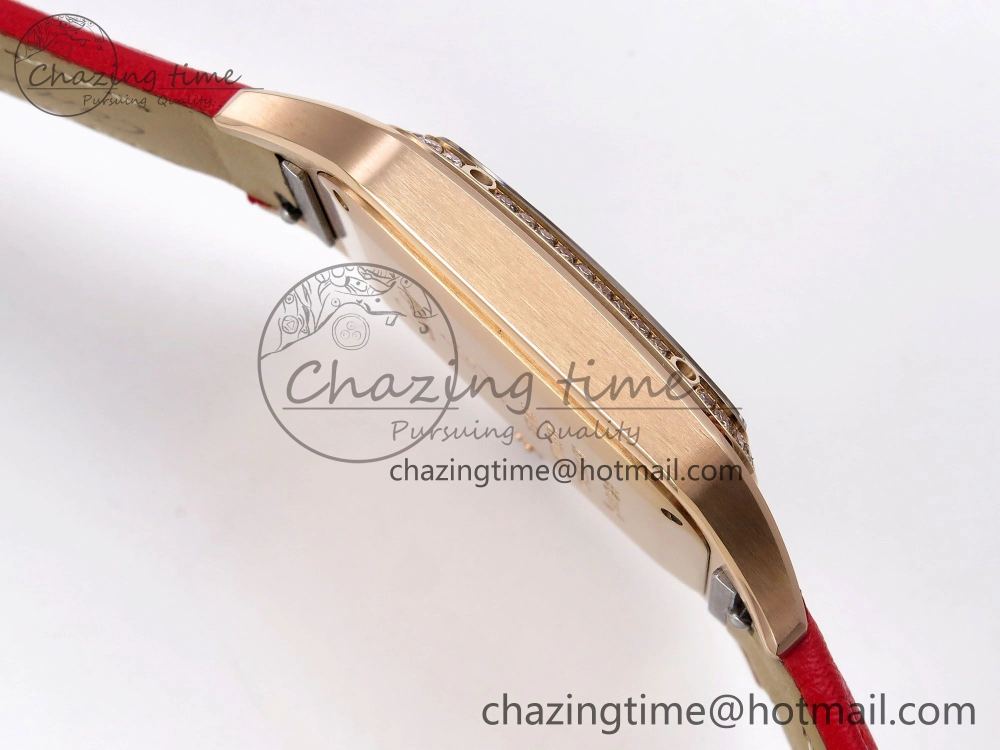 Santos Dumont 31.4mm RG AF 1:1 Best Edition Silver Dial Diamonds Bezel on Red Leather Strap A157