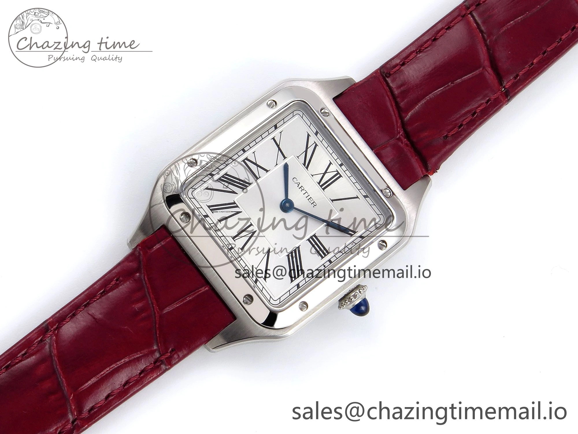 Santos Dumont 31.4mm SS AF 1:1 Best Edition Silver Dial on Red Croco Strap A157