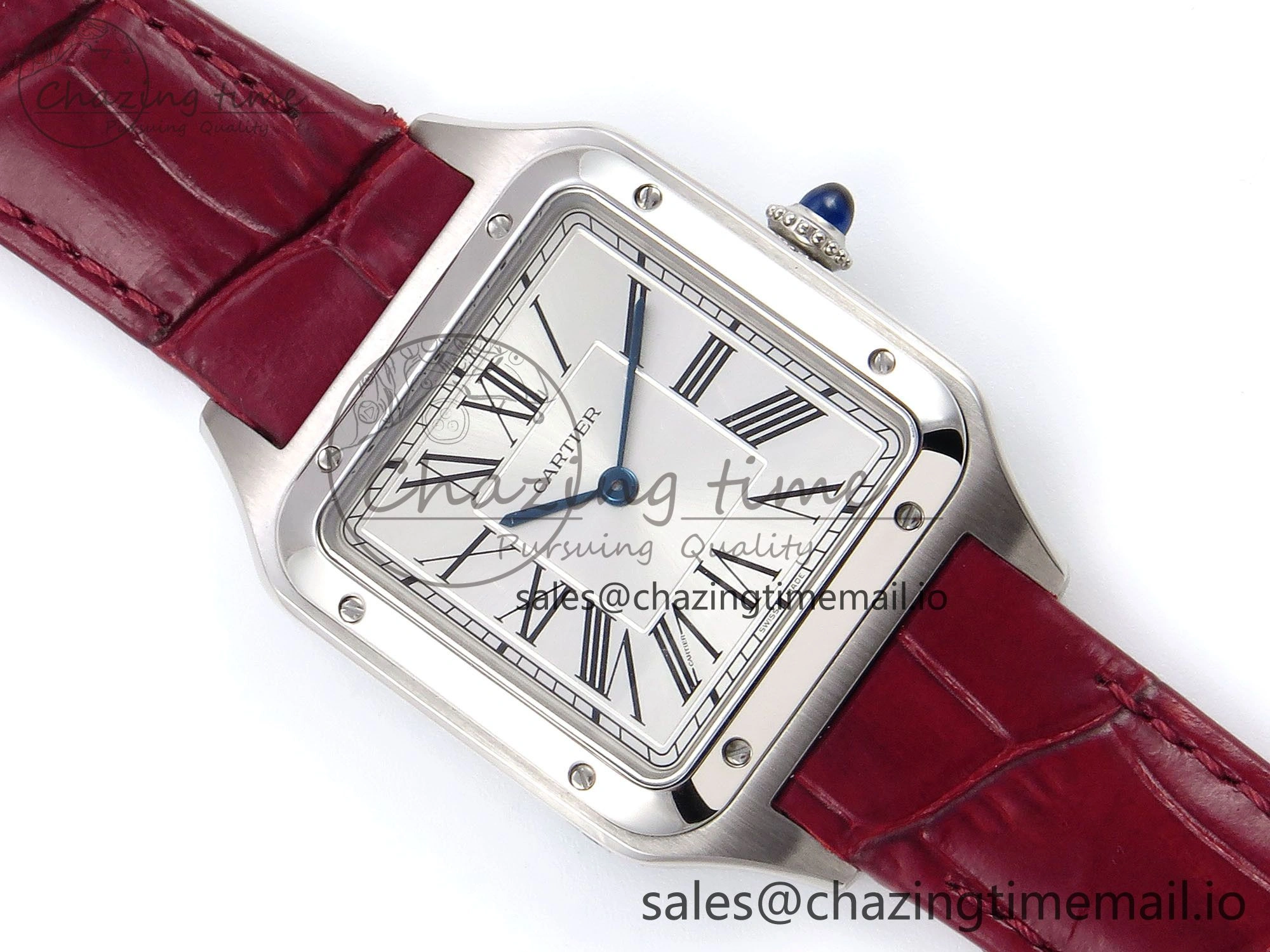 Santos Dumont 31.4mm SS AF 1:1 Best Edition Silver Dial on Red Croco Strap A157