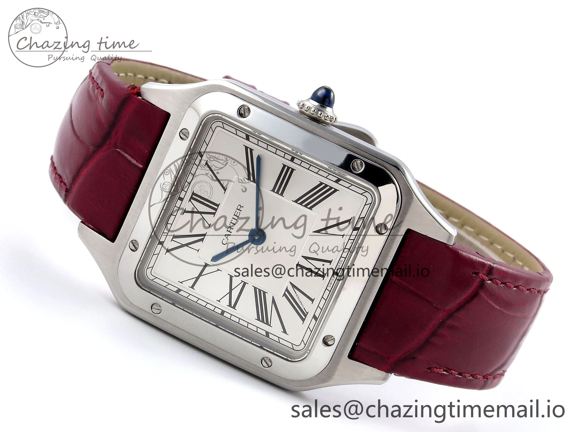 Santos Dumont 31.4mm SS AF 1:1 Best Edition Silver Dial on Red Croco Strap A157