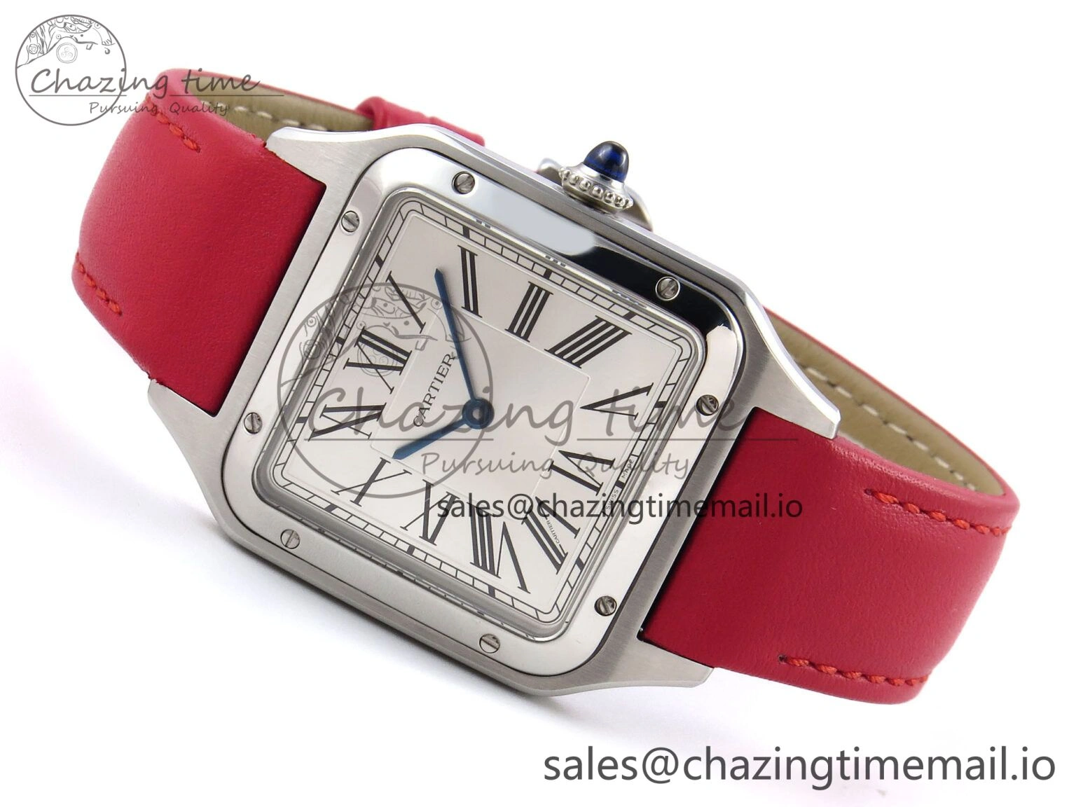 Santos Dumont 31.4mm SS AF 1:1 Best Edition Silver Dial on Red Leather Strap A157