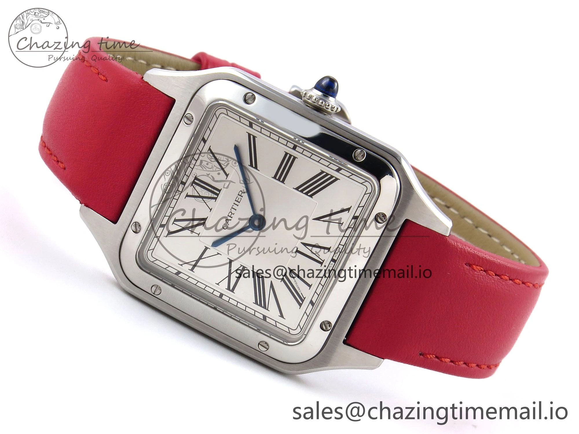 Santos Dumont 31.4mm SS AF 1:1 Best Edition Silver Dial on Red Leather Strap A157