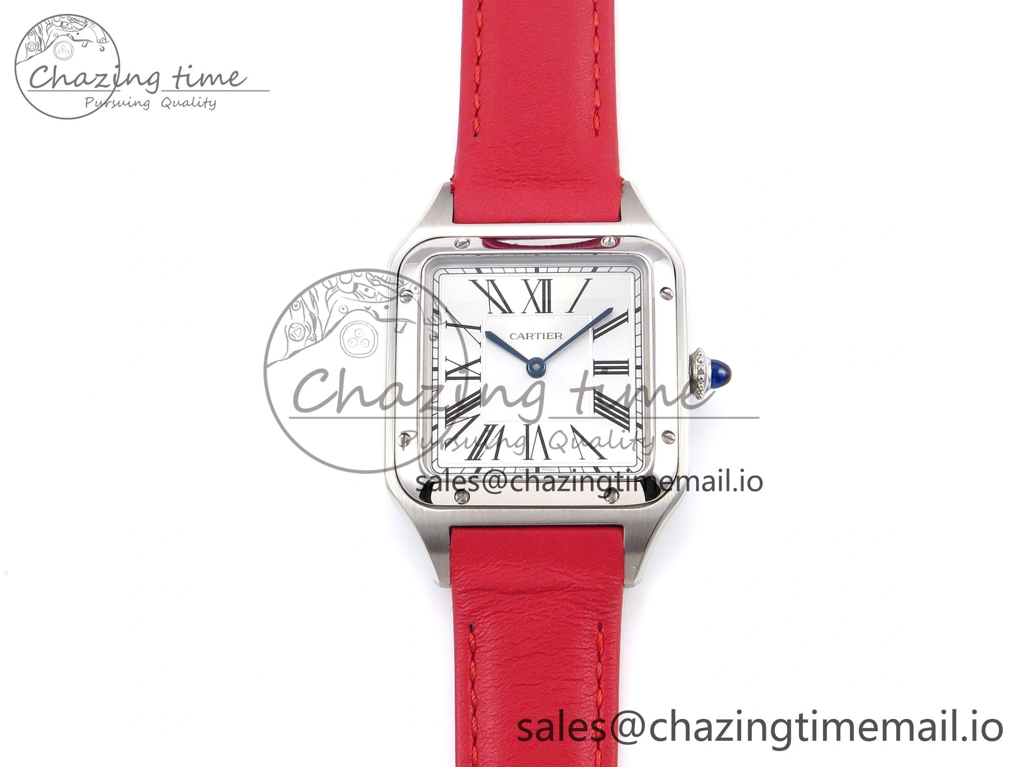 Santos Dumont 31.4mm SS AF 1:1 Best Edition Silver Dial on Red Leather Strap A157