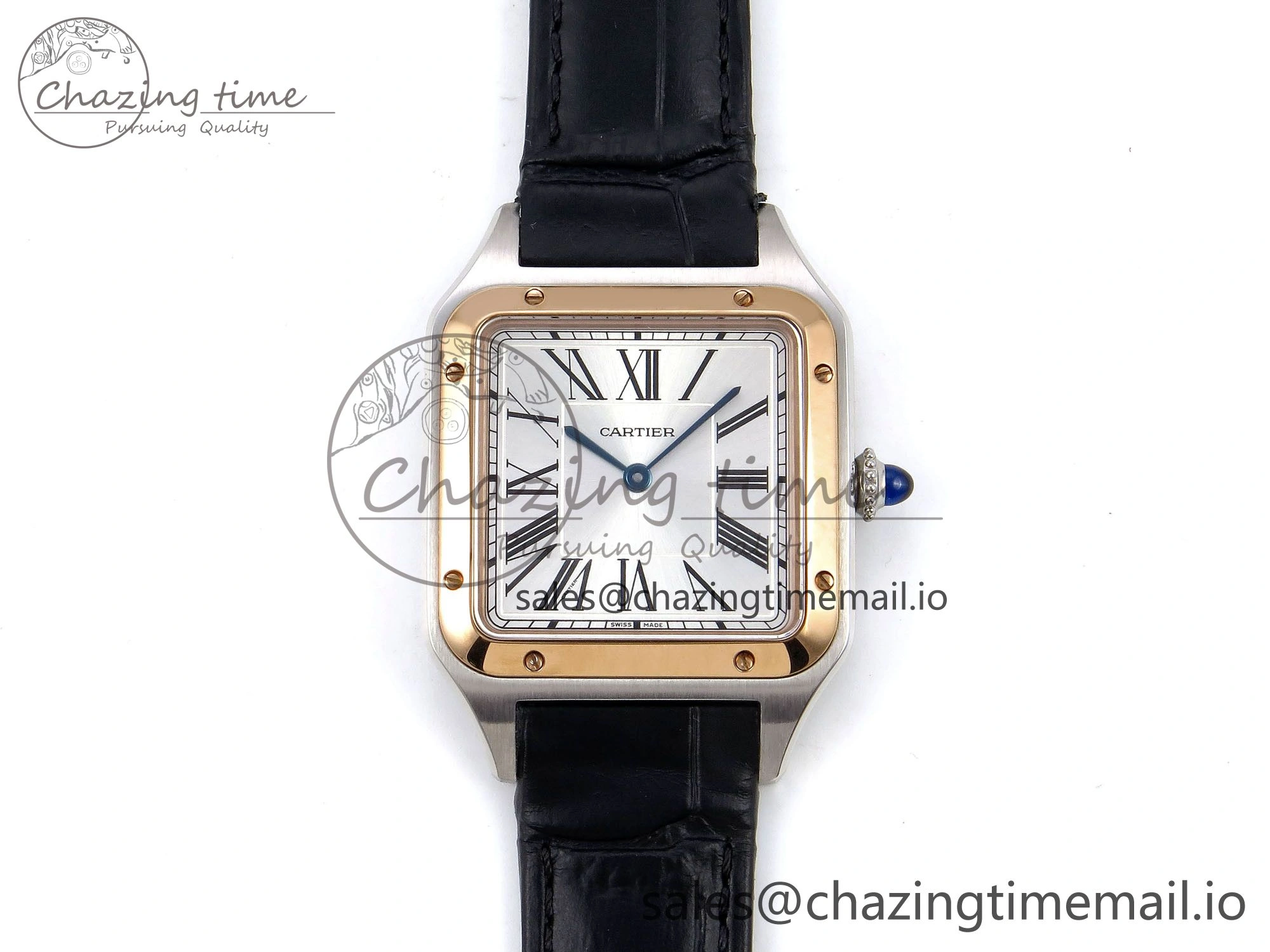 Santos Dumont 31.4mm SS RG AF 1:1 Best Edition Silver Dial on Black Croco Strap A157