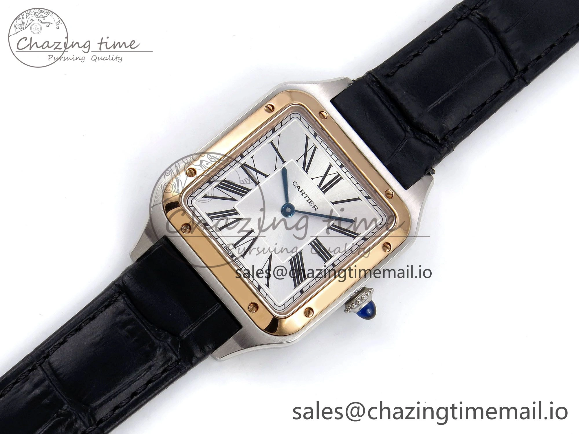 Santos Dumont 31.4mm SS RG AF 1:1 Best Edition Silver Dial on Black Croco Strap A157