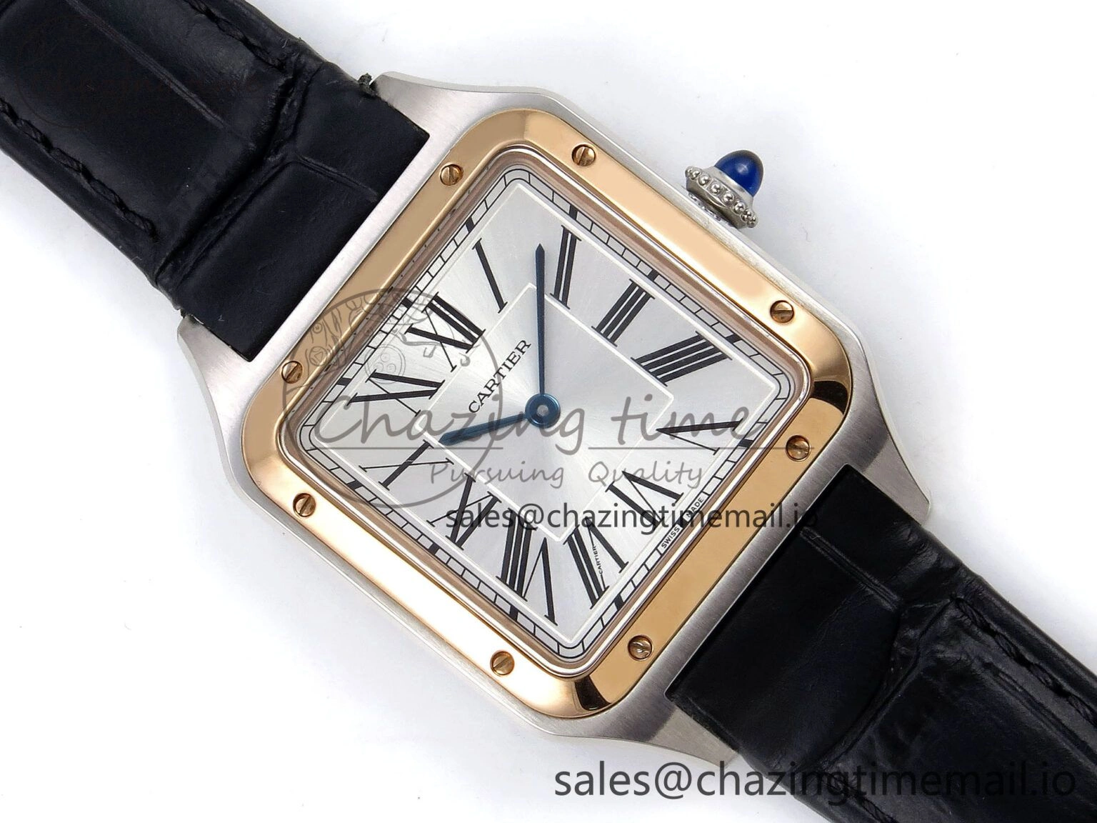 Santos Dumont 31.4mm SS RG AF 1:1 Best Edition Silver Dial on Black Croco Strap A157