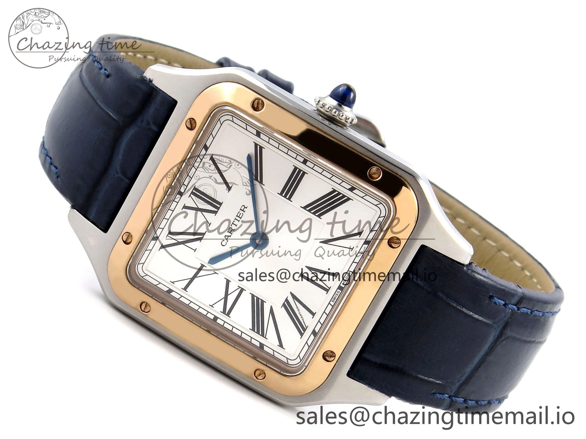 Santos Dumont 31.4mm SS RG AF 1:1 Best Edition Silver Dial on Blue Croco Strap A157