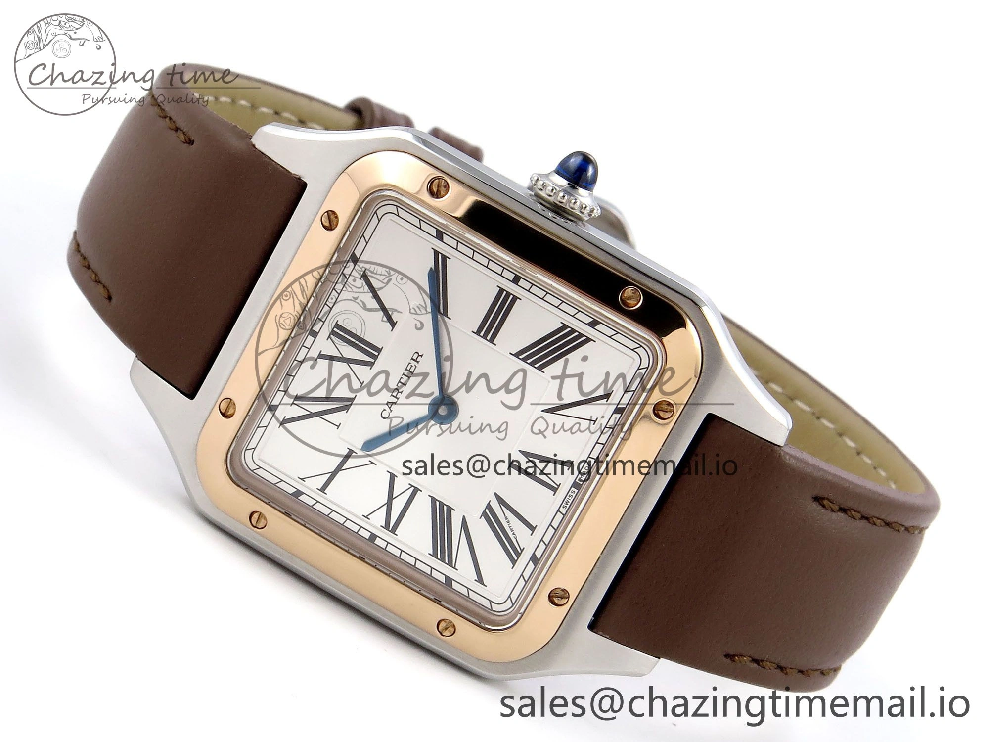 Santos Dumont 31.4mm SS RG AF 1:1 Best Edition Silver Dial on Brown Leather Strap A157