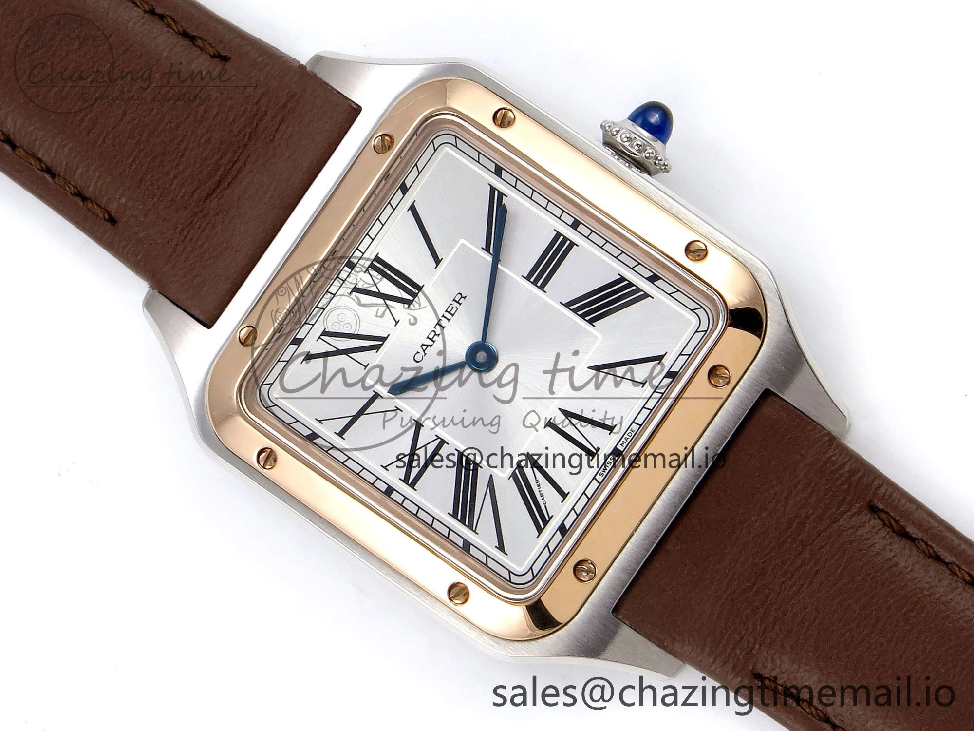 Santos Dumont 31.4mm SS RG AF 1:1 Best Edition Silver Dial on Brown Leather Strap A157