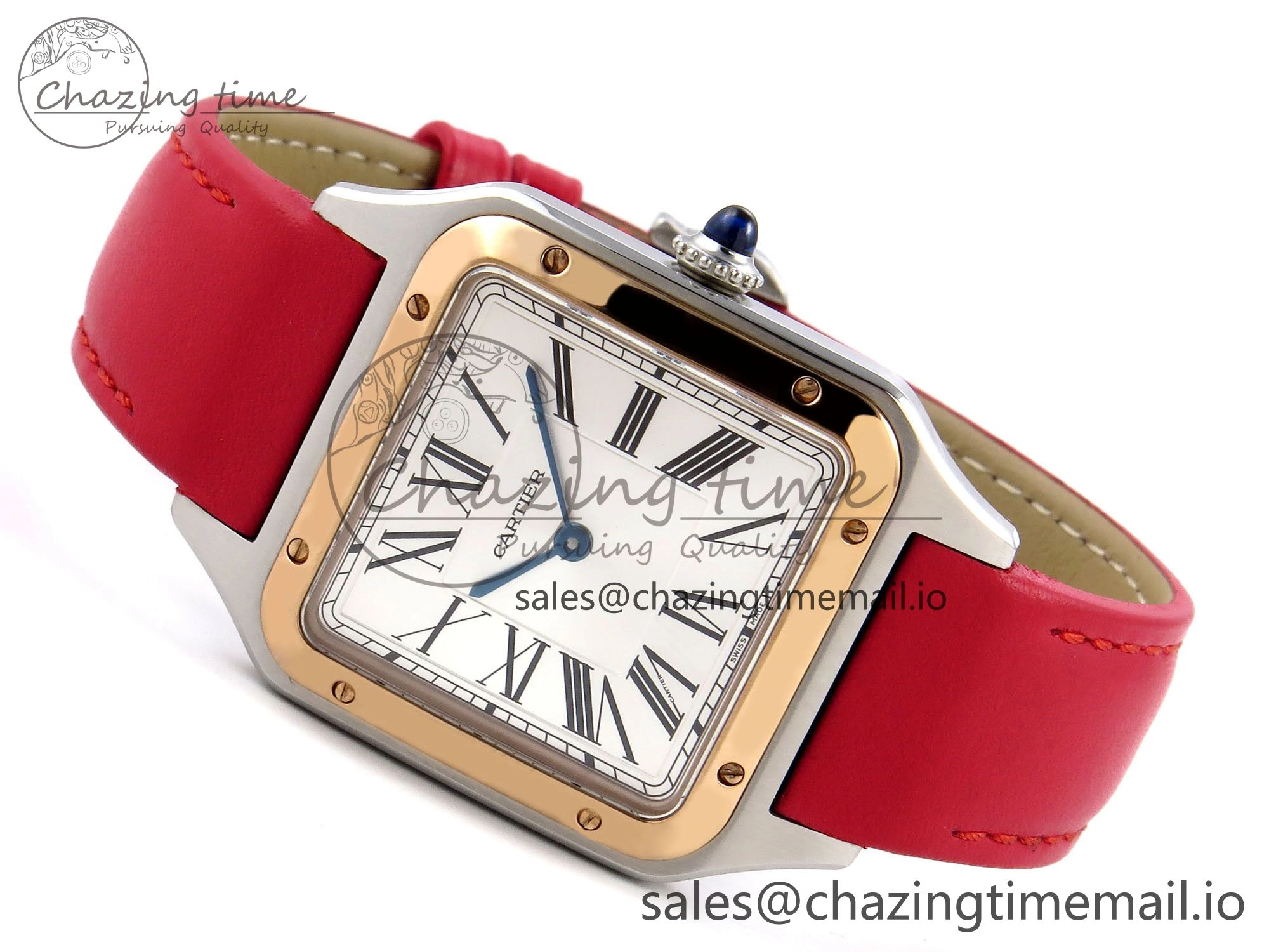 Santos Dumont 31.4mm SS RG AF 1:1 Best Edition Silver Dial on Red Leather Strap A157