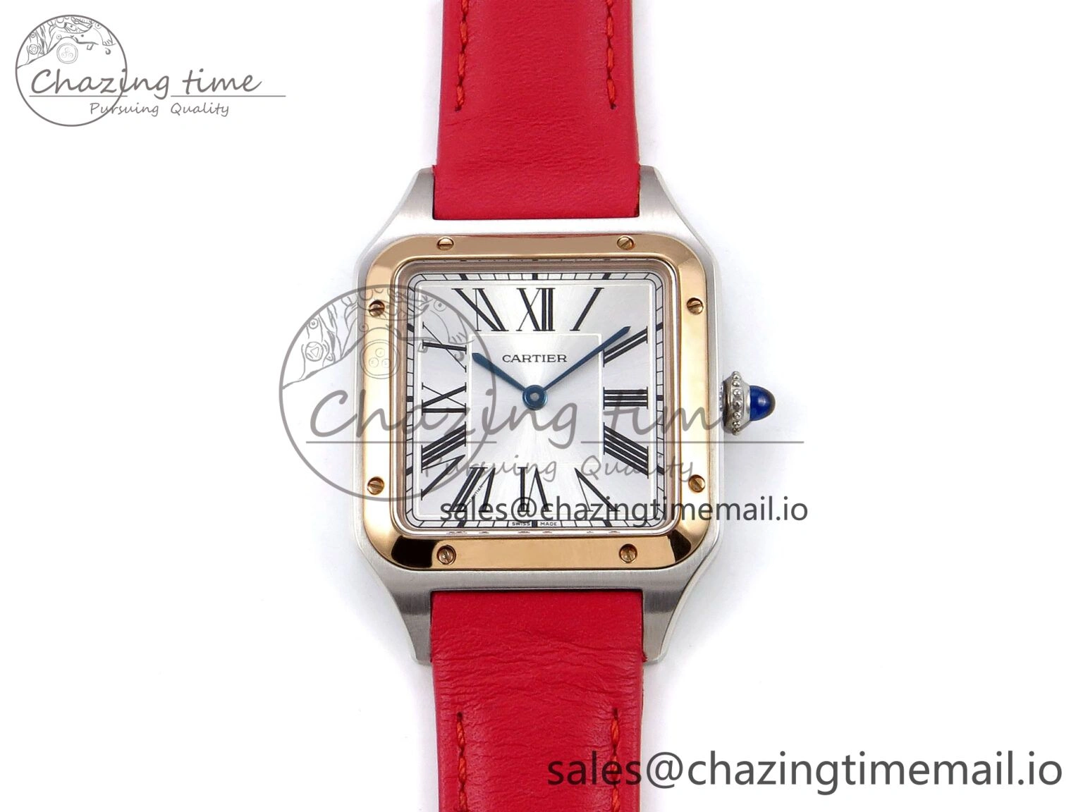Santos Dumont 31.4mm SS RG AF 1:1 Best Edition Silver Dial on Red Leather Strap A157