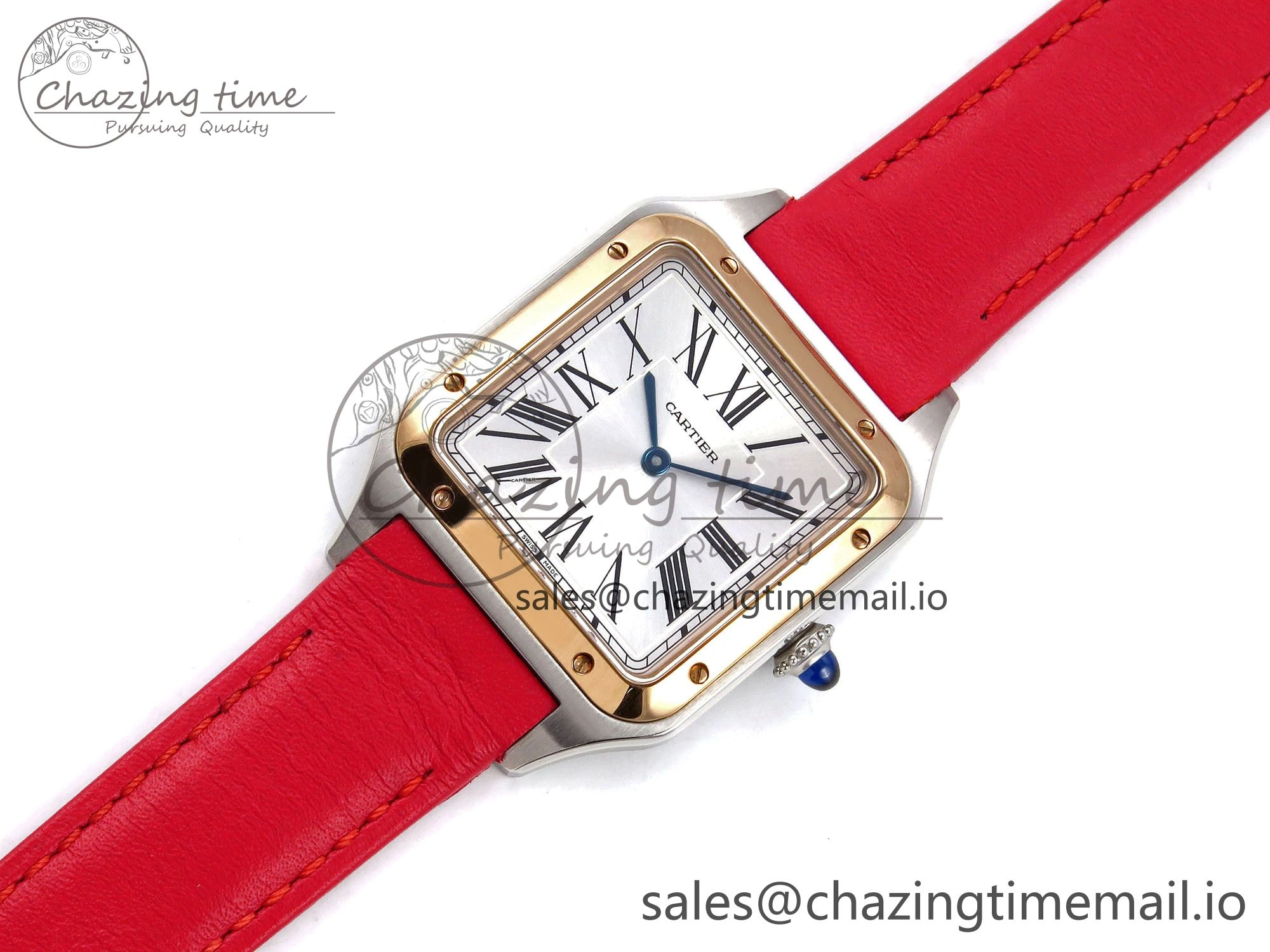 Santos Dumont 31.4mm SS RG AF 1:1 Best Edition Silver Dial on Red Leather Strap A157