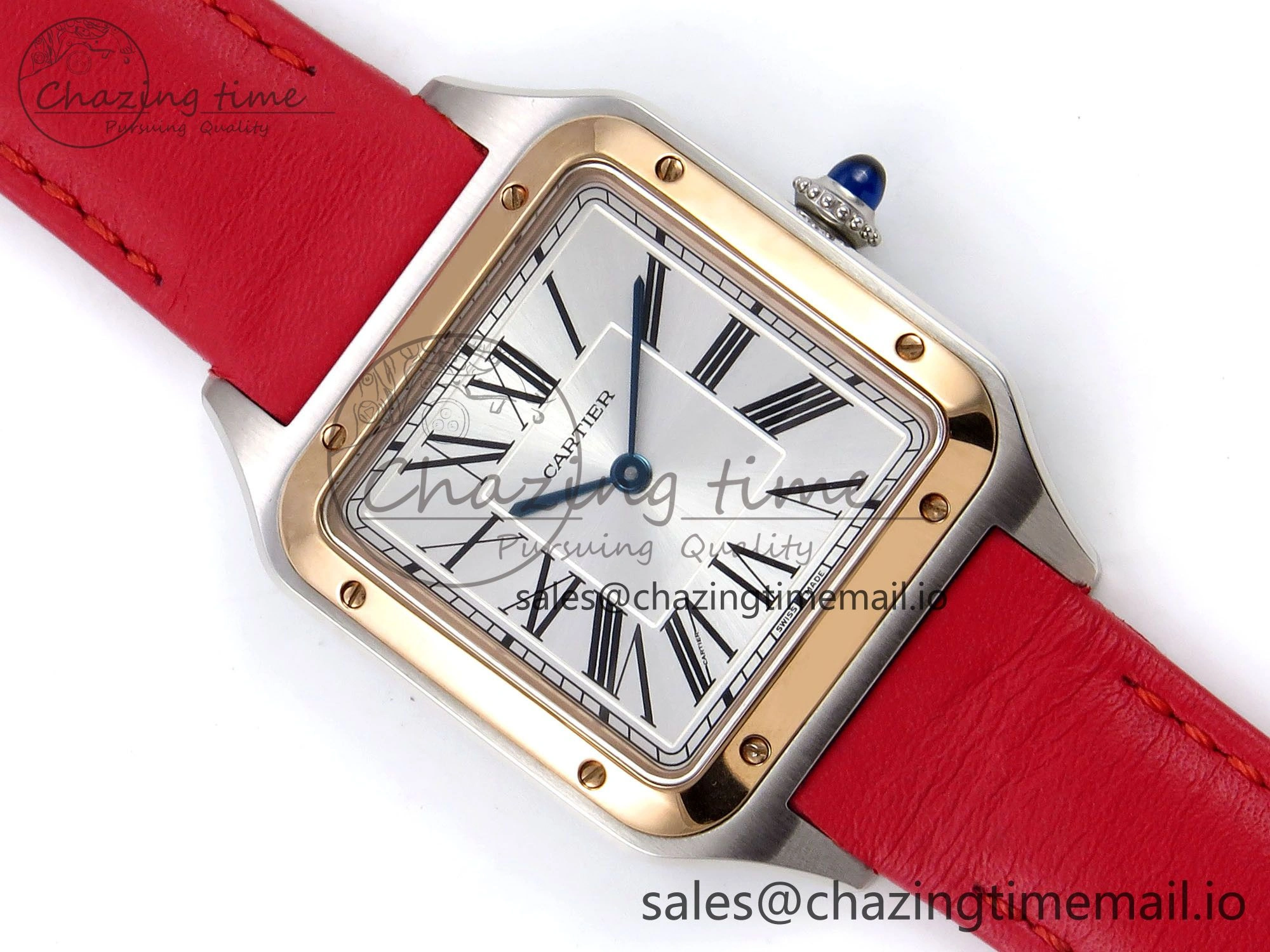 Santos Dumont 31.4mm SS RG AF 1:1 Best Edition Silver Dial on Red Leather Strap A157