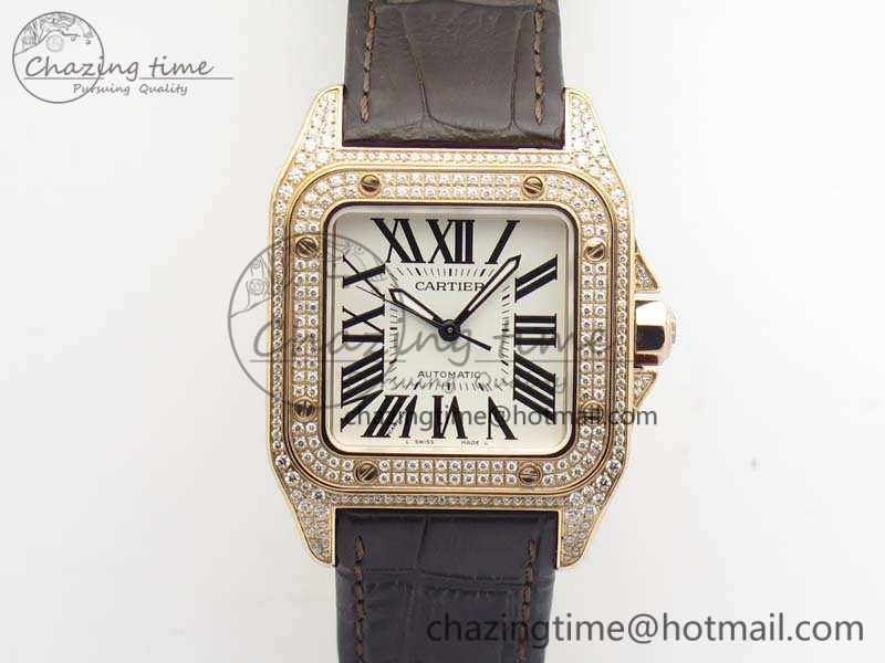 Santos Ladies 33mm RG Full Paved Diam Case V6F 1:1 Best Edition White Dial On Leather Strap SEIKO NH05A