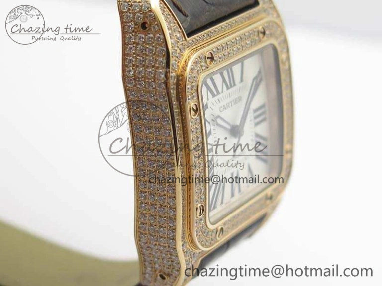 Santos Ladies 33mm RG Full Paved Diam Case V6F 1:1 Best Edition White Dial On Leather Strap SEIKO NH05A