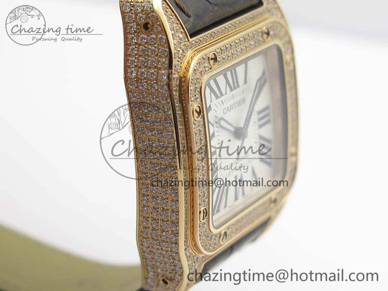 Santos Ladies 33mm RG Full Paved Diam Case V6F 1:1 Best Edition White Dial On Leather Strap SEIKO NH05A