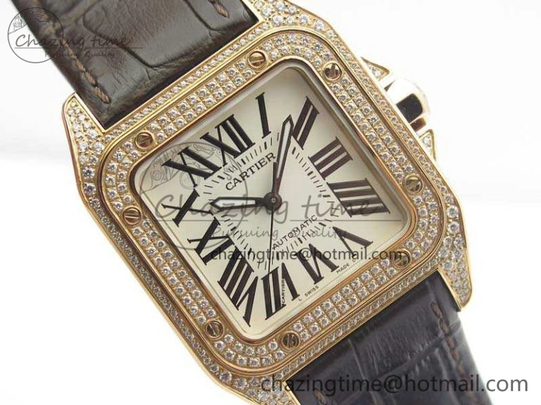 Santos Ladies 33mm RG Full Paved Diam Case V6F 1:1 Best Edition White Dial On Leather Strap SEIKO NH05A