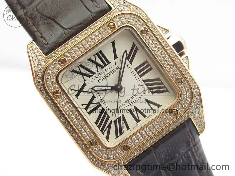 Santos Ladies 33mm RG Full Paved Diam Case V6F 1:1 Best Edition White Dial On Leather Strap SEIKO NH05A