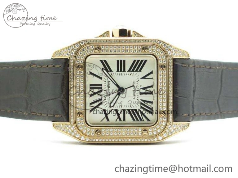 Santos Ladies 33mm RG Full Paved Diam Case V6F 1:1 Best Edition White Dial On Leather Strap SEIKO NH05A