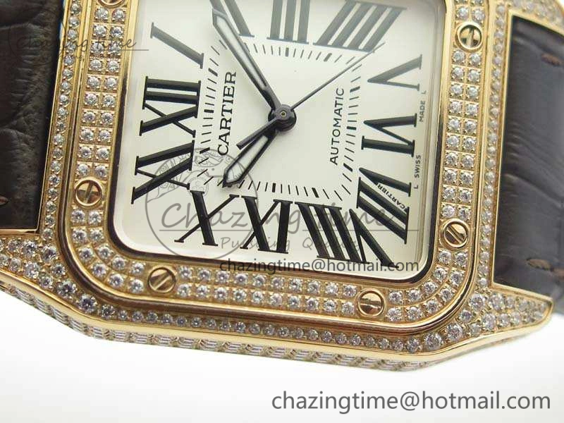 Santos Ladies 33mm RG Full Paved Diam Case V6F 1:1 Best Edition White Dial On Leather Strap SEIKO NH05A