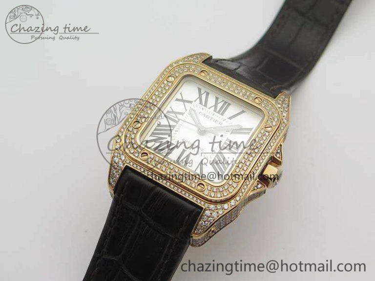 Santos Ladies 33mm RG Full Paved Diam Case V6F 1:1 Best Edition White Dial On Leather Strap SEIKO NH05A