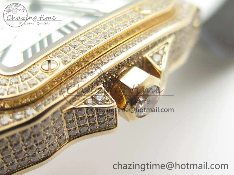 Santos Ladies 38.5mm RG Full Paved Diamonds Case V6F 1:1 Best Edition White Dial On Leather Strap A2824