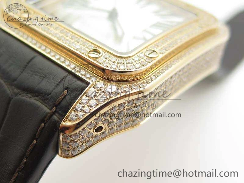 Santos Ladies 38.5mm RG Full Paved Diamonds Case V6F 1:1 Best Edition White Dial On Leather Strap A2824