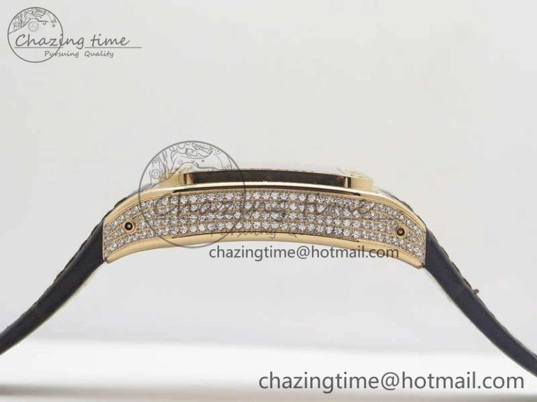 Santos Ladies 38.5mm RG Full Paved Diamonds Case V6F 1:1 Best Edition White Dial On Leather Strap A2824