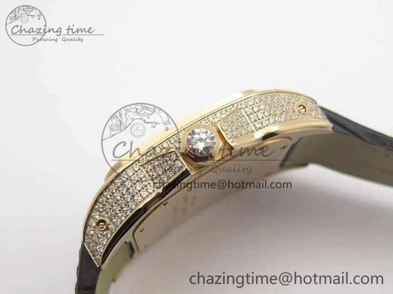 Santos Ladies 38.5mm RG Full Paved Diamonds Case V6F 1:1 Best Edition White Dial On Leather Strap A2824