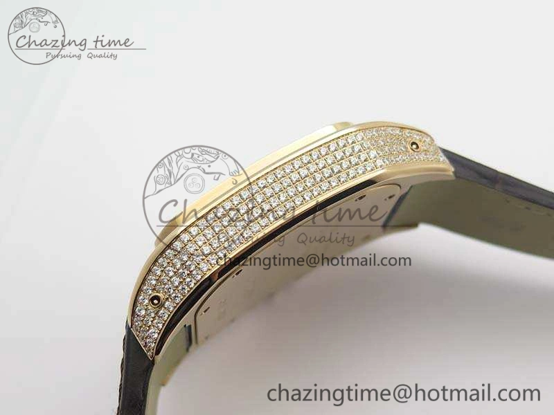 Santos Ladies 38.5mm RG Full Paved Diamonds Case V6F 1:1 Best Edition White Dial On Leather Strap A2824