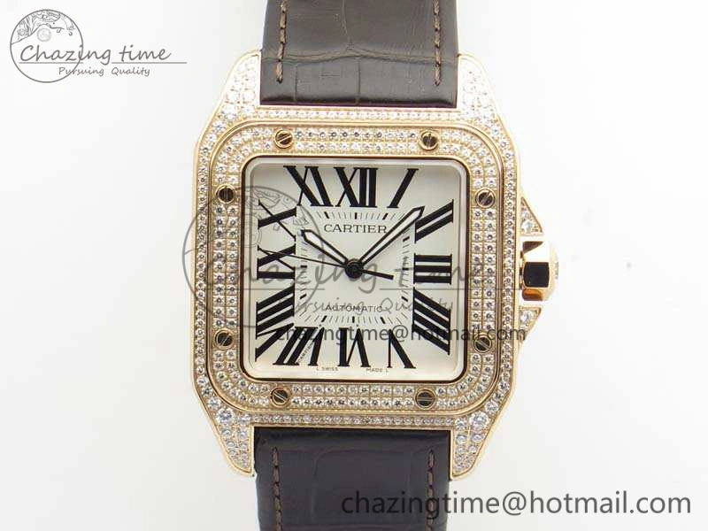 Santos Ladies 38.5mm RG Full Paved Diamonds Case V6F 1:1 Best Edition White Dial On Leather Strap A2824