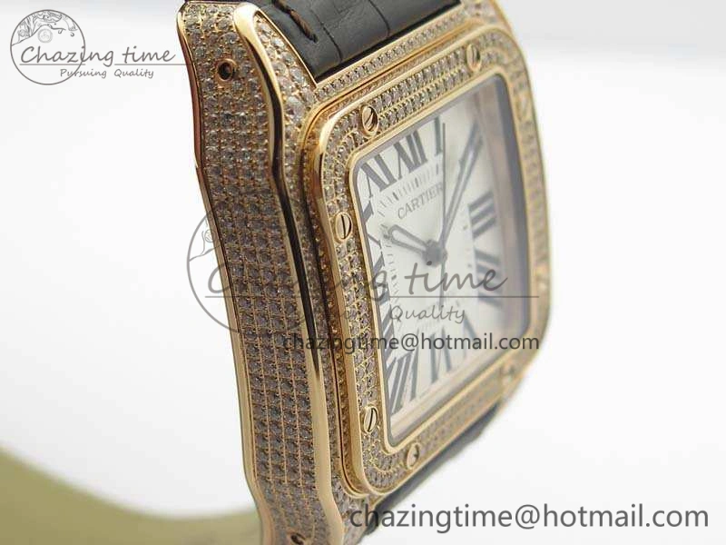 Santos Ladies 38.5mm RG Full Paved Diamonds Case V6F 1:1 Best Edition White Dial On Leather Strap A2824
