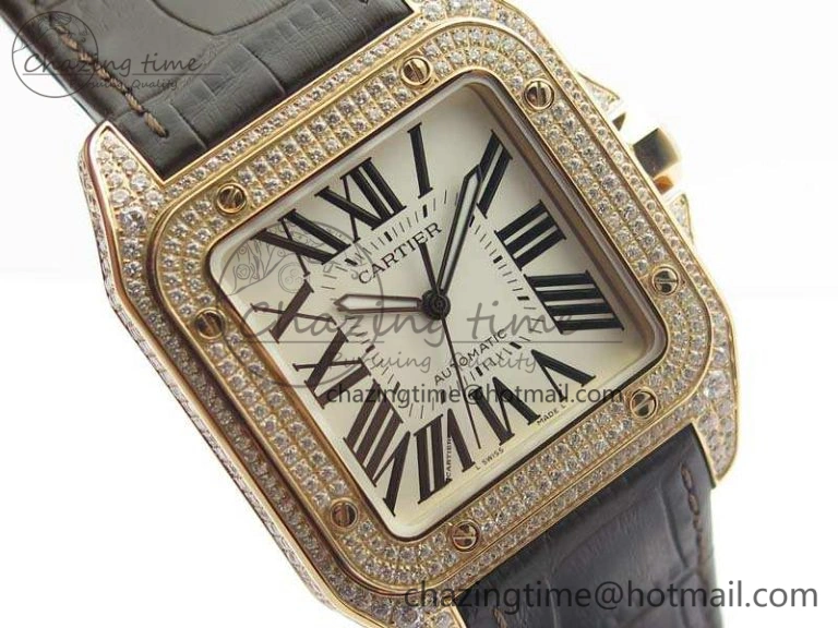 Santos Ladies 38.5mm RG Full Paved Diamonds Case V6F 1:1 Best Edition White Dial On Leather Strap A2824