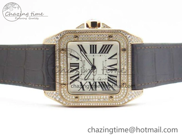 Santos Ladies 38.5mm RG Full Paved Diamonds Case V6F 1:1 Best Edition White Dial On Leather Strap A2824