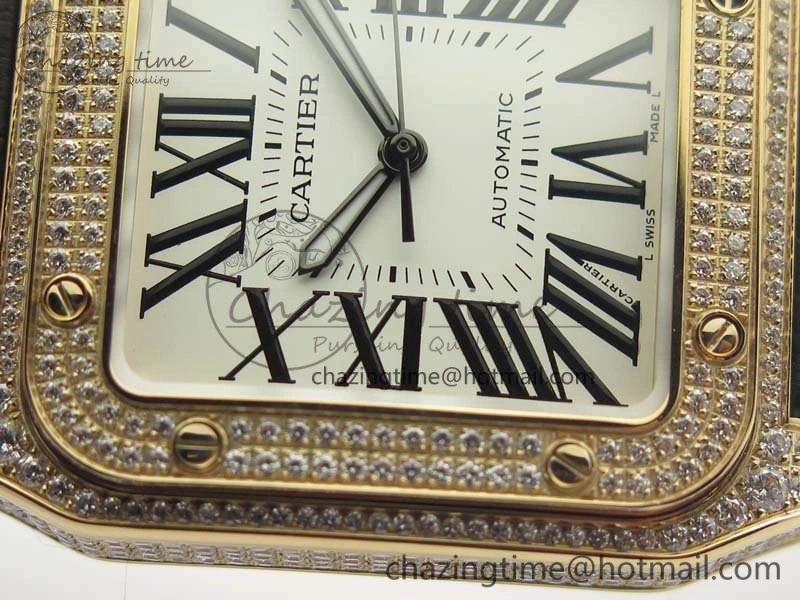 Santos Ladies 38.5mm RG Full Paved Diamonds Case V6F 1:1 Best Edition White Dial On Leather Strap A2824