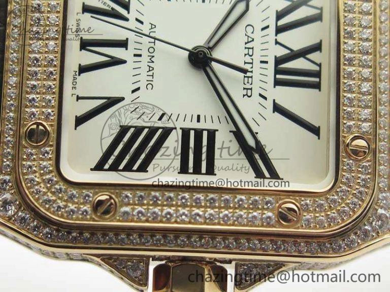 Santos Ladies 38.5mm RG Full Paved Diamonds Case V6F 1:1 Best Edition White Dial On Leather Strap A2824