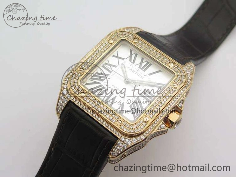 Santos Ladies 38.5mm RG Full Paved Diamonds Case V6F 1:1 Best Edition White Dial On Leather Strap A2824